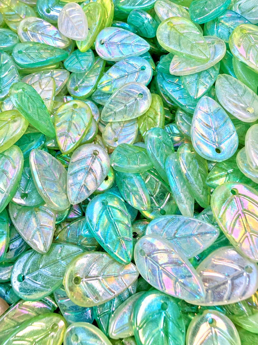 Acrylic Leaf Beads/Pendants in Green Shimmer