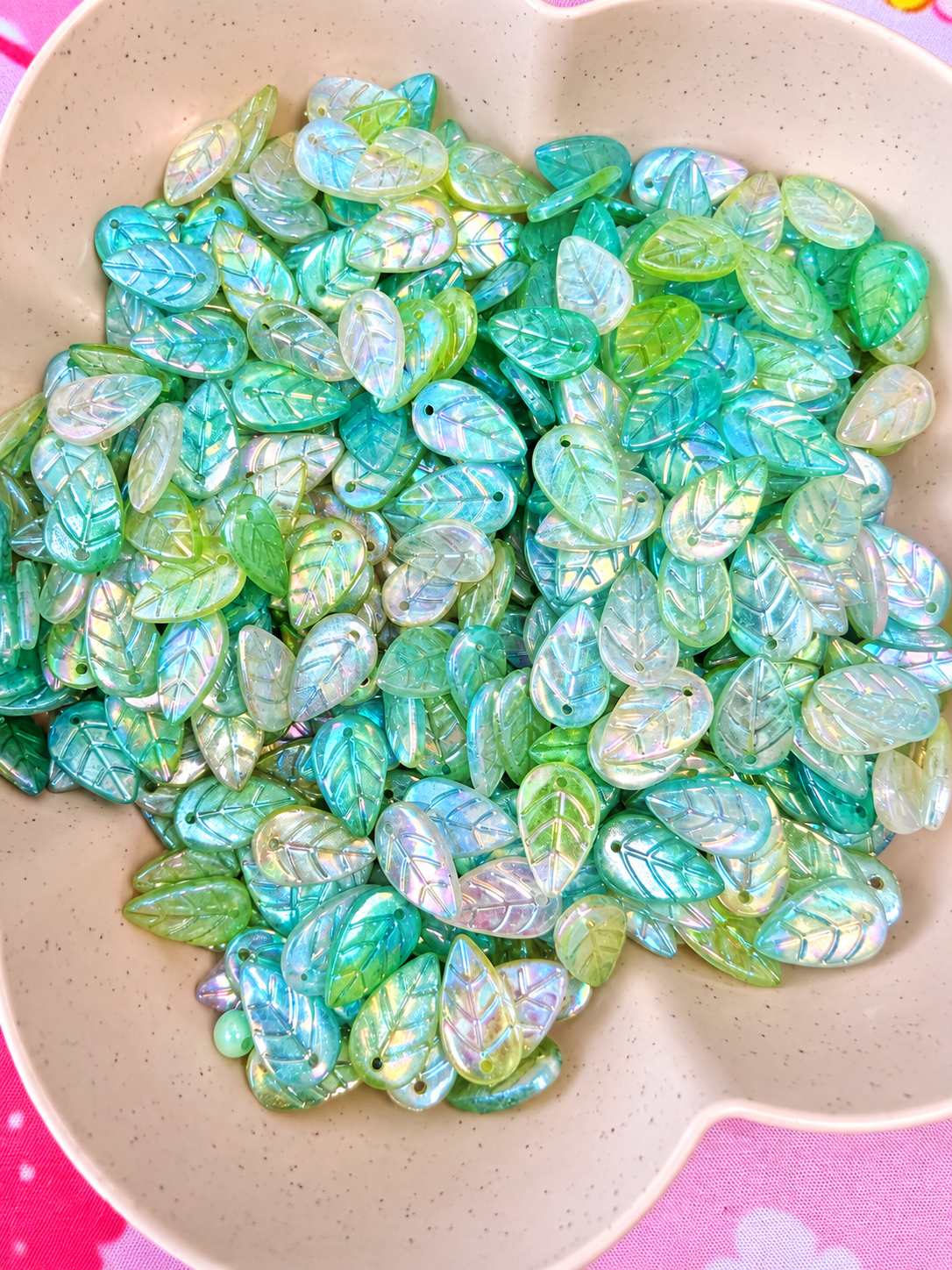 Acrylic Leaf Beads/Pendants in Green Shimmer