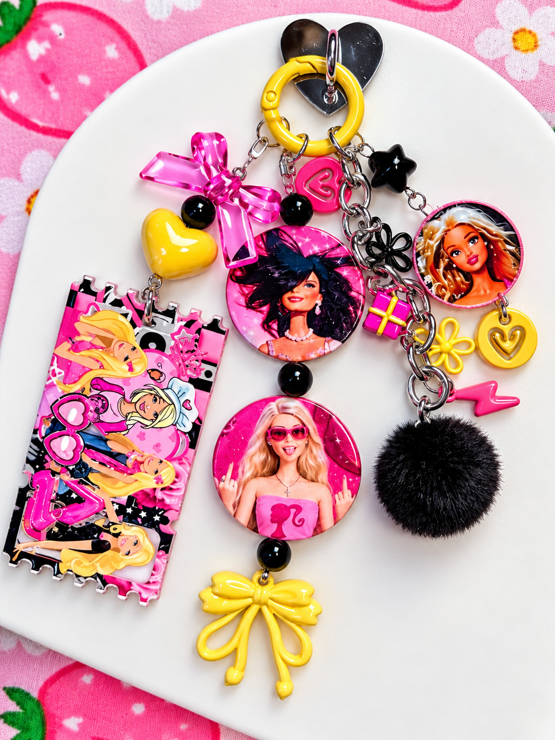 Barbie Pink, Yellow, Black Keychain, Bag Charm, Accessory