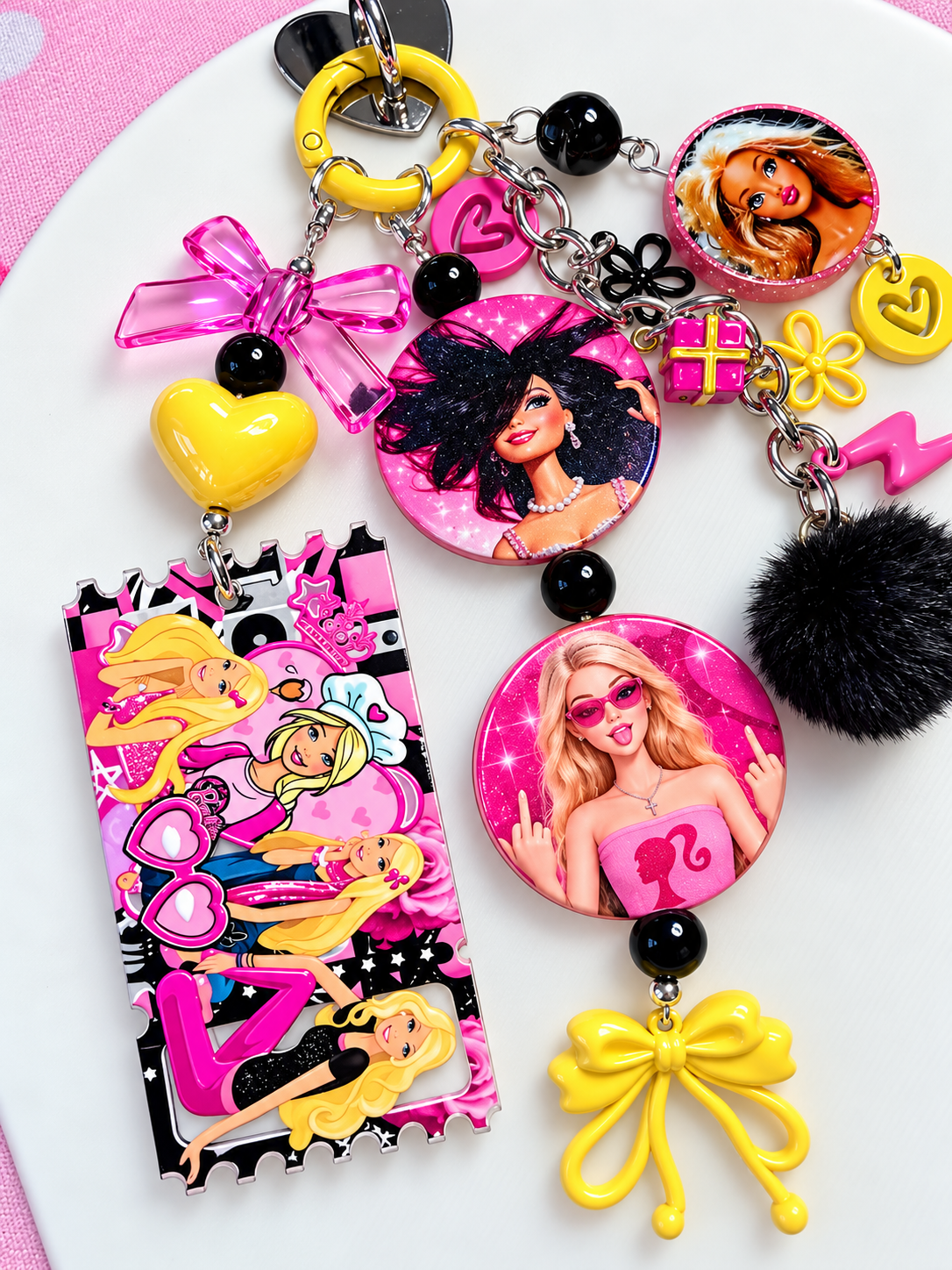 Barbie Pink, Yellow, Black Keychain, Bag Charm, Accessory