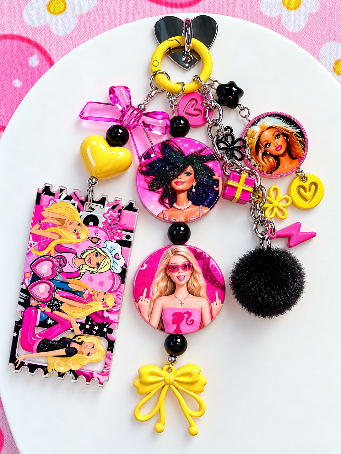 Barbie Pink, Yellow, Black Keychain, Bag Charm, Accessory