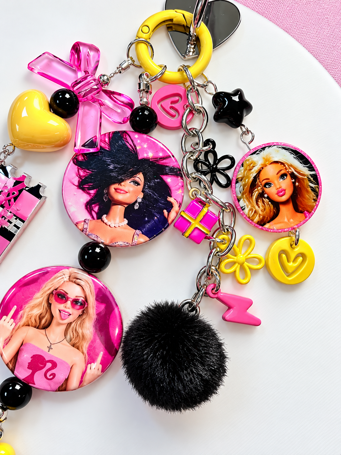 Barbie Pink, Yellow, Black Keychain, Bag Charm, Accessory